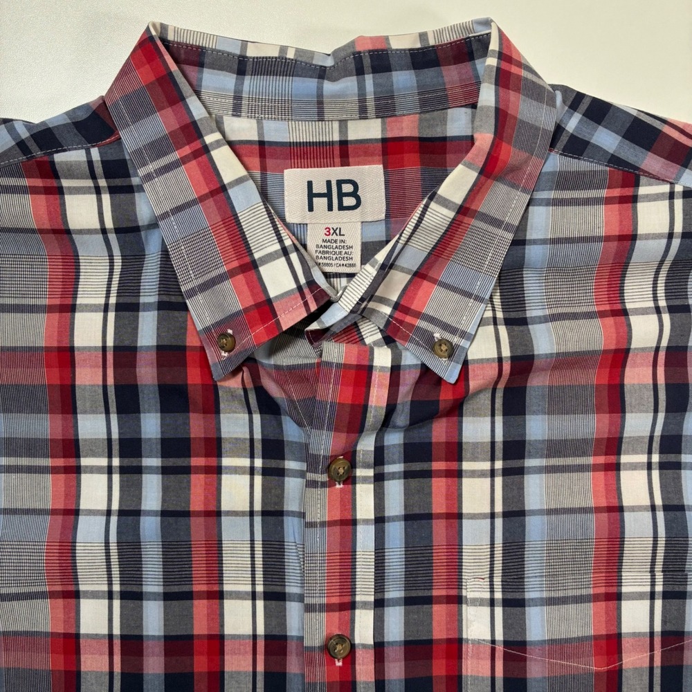 HB Harbor Bay Button Down Shirt 3XL Red White Blue Plaid Short Sleeve Casual
